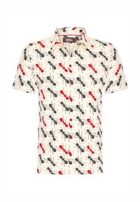 Polo a maniche corte in tessuto color crema chiaro con un motivo giocoso di formiche rosse e nere, dotato di chiusura frontale a bottoni e colletto classico.