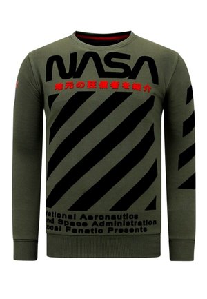 Olijfgroene sweatshirt met zwarte diagonale strepen. Beschikt over een wit NASA-logo en tekst in rood en zwart. Ronde hals en geribbelde manchetten.