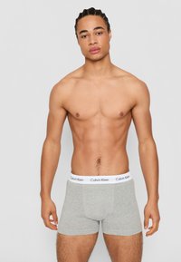 Sivé bavlnené boxerky s bielym elastickým pásom s logom "Calvin Klein". Strih je priliehavý a látka vyzerá mäkko.