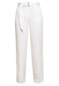 White linen trousers with a wide-leg design, featuring a textured belt and side pockets for added functionality.