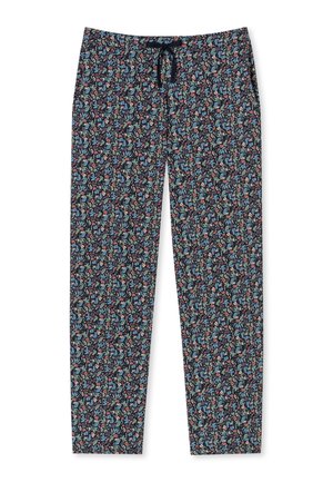 Blomsterprintede bukser med navy bund, der har flerfarvede blade. Snor i taljen, lige ben design, letvægtsstof.