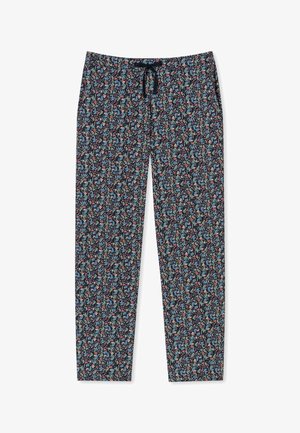 Spodnie w kwiatowy wzór z granatowym tłem, zdobione wielokolorowymi liśćmi. Ze sznurkiem w pasie, prostym krojem nogawki, z lekkiej tkaniny.