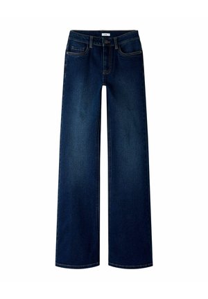 Mørkeblå denim bukser med bred benvidde, to forlommer, en knaplukning og kontrasterende syninger langs sømmene.