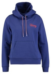 Felpa con cappuccio blu navy realizzata in cotone misto, dotata di tasca a marsupio, polsini rigati, lacci e logo rosso sulla parte anteriore.
