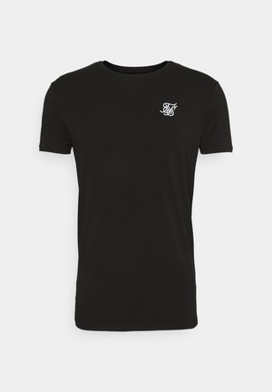 Sort kortærmet t-shirt med rund hals og lille hvidt stiliseret logo på venstre bryst.