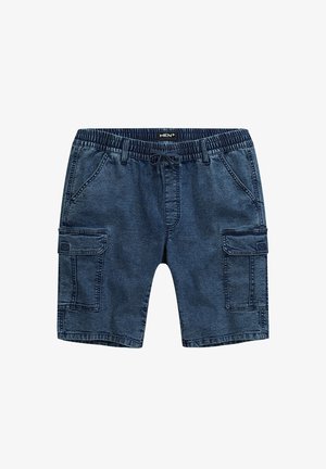 Denim-Cargo-Shorts mit elastischem Bund, Kordelzug, zwei Seitentaschen und zwei Cargo-Taschen. Dunkelblaue Farbe mit verblasster Textur.