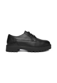 Black leather lace-up derby shoe with thick lug sole and rounded toe, featuring embossed branding on the heel panel.