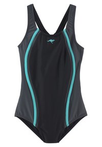 Schwarze Bademode mit aquafarbenen Akzenten, ausgestattet mit einem Racerback-Design und enger Passform. Hergestellt aus dehnbarem Stoff mit glatter Textur.