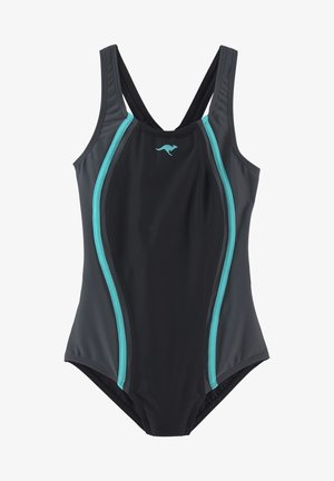 Costume da bagno nero con accenti acquamarina, caratterizzato da un design a schiena scoperta e una forma aderente. Realizzato in tessuto elasticizzato con una consistenza liscia.