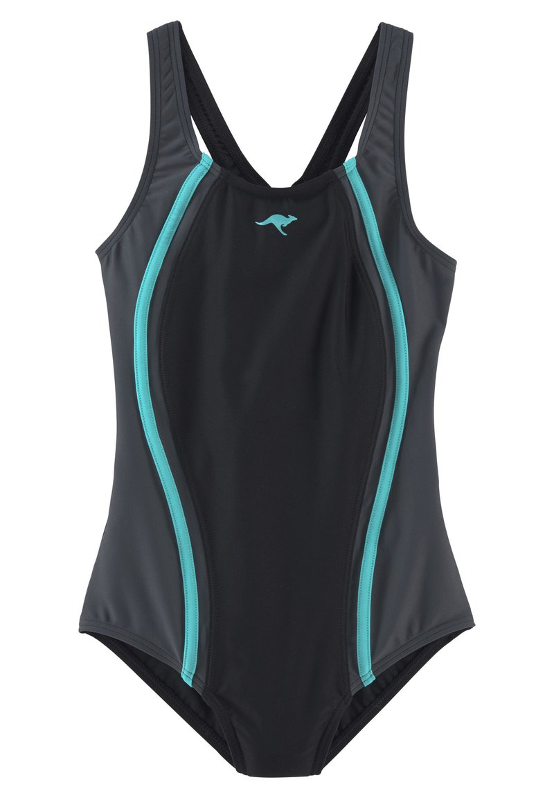 Schwarze Bademode mit aquafarbenen Akzenten, ausgestattet mit einem Racerback-Design und enger Passform. Hergestellt aus dehnbarem Stoff mit glatter Textur.