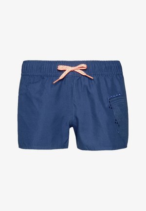 Marineblaue Badehosen mit elastischem Bund, orangefarbener Kordel und strukturiertem Seitenmuster in Blau mit dreieckigen Ausschnitten.