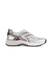 Silver and brown athletic sneaker with mesh upper, detailed side overlays, white cushioned sole, and lace-up closure.