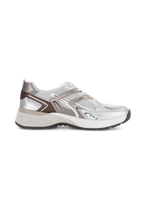 Silver and brown athletic sneaker with mesh upper, detailed side overlays, white cushioned sole, and lace-up closure.