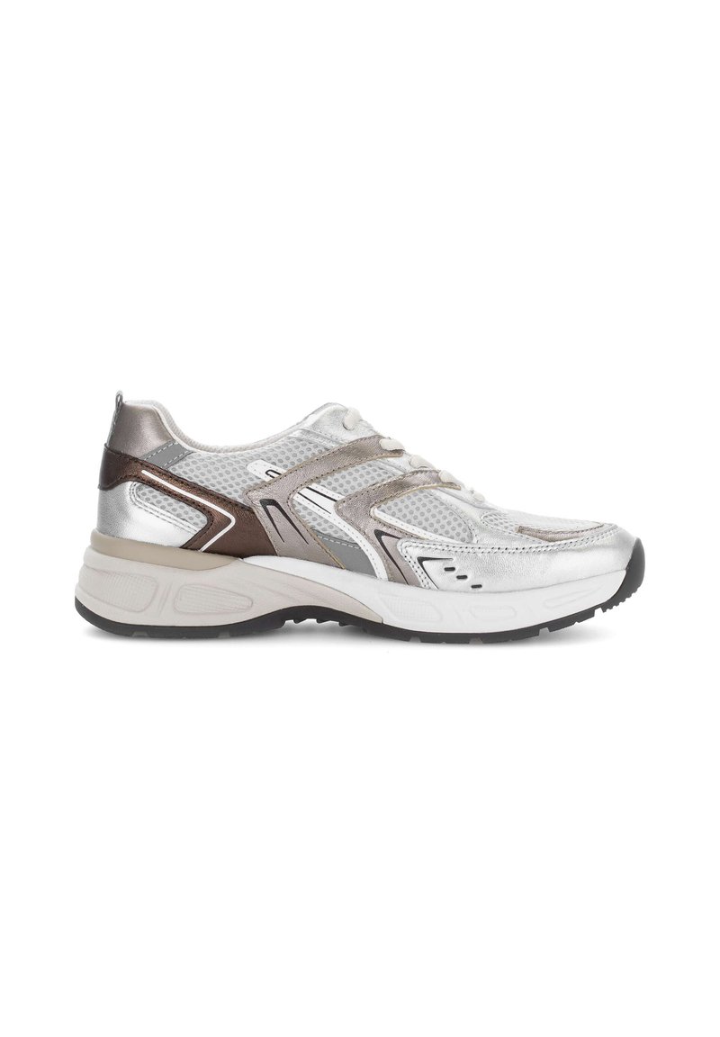 Silver and brown athletic sneaker with mesh upper, detailed side overlays, white cushioned sole, and lace-up closure.