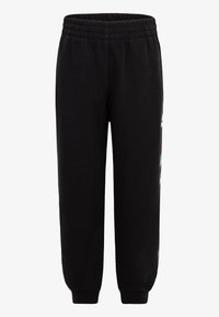 Pantalones de chándal negros con cinturilla elástica, diseño ajustado y un colorido detalle gráfico en la pierna izquierda. Puños acanalados en los tobillos.