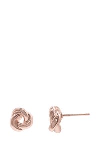 Orecchini a perno in oro rosa con design a nodo, texture liscia e finitura lucida. Chiodini per una vestibilità sicura.