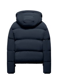 Giacca puffer blu navy con trapuntatura orizzontale e cappuccio imbottito attaccato, mostrata dal retro su uno sfondo bianco.
