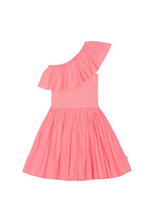 Pinké en-shoulder kjole med flæset halsudskæring, tætsiddende overdel og udvidet plisseret nederdel. Fremstillet i letvægtsstof for komfort.