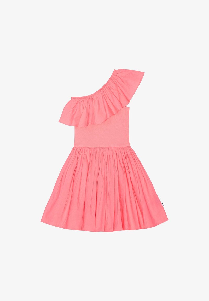 Robe rose asymétrique à une épaule avec un col volanté, un corsage ajusté et une jupe évasée plissée. Fabriquée en tissu léger pour plus de confort.