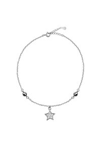 Silverkedjaarmband med en stjärnberlock prydd med klara stenar och runda metallackcenter. Spännet har en justerbar länkkedja.