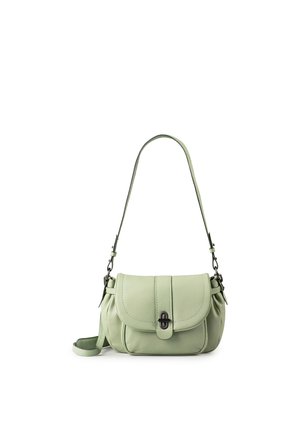 Hellgrüne Leder-Umhängetasche mit Vorderklappe und schwarzem Drehverschluss, verstellbarem Riemen und dezenten Ziernähten.