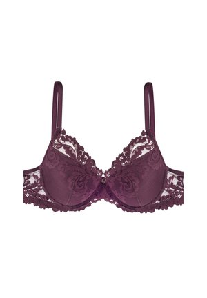 Mauve lace bra featuring floral patterns, satin straps, and underwire support. The design includes a scalloped lace trim along the edges.