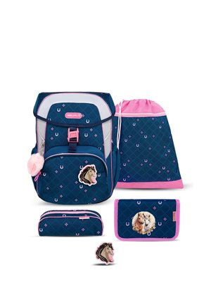 Navy blue and pink school bag set with horse designs, including backpack, drawstring bag, pencil case, wallet, and horse-shaped keychain.