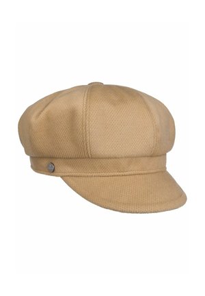 Beige textured newsboy cap with a short curved brim and a small round metal logo on the left side band.
