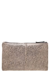 Pouches rettangolari texturizzati in beige e nero, con chiusura a zip e un motivo di linee verticali. Finitura liscia in materiale resistente.