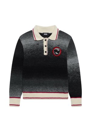 Maglione polo a maniche lunghe in maglia con toni sfumati dal nero al grigio, colletto e polsini bianchi con strisce rosse e una toppa rotonda con logo rosso sul petto.