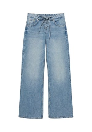 Svetlomodré džínsy s širokými nohavicami, šnurovaným predným zapínaním a klasickým dizajnom s piatimi vreckami.