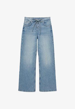 Lyseblå jeans med vide ben, snørelukning foran og klassisk fem-lommer-design.