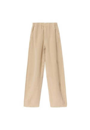 Beige weite Hose mit elastischem Bund und Seitentaschen, aus leichtem Stoff gefertigt.