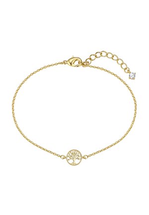 Delikat guldkædearmbånd med et rundt livets træ-charme i midten og en justerbar lås med en lille klar ædelsten.