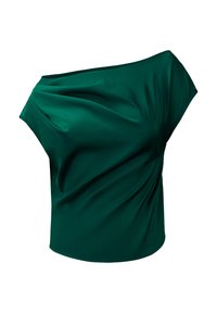 Zielona bluzka z odkrytymi ramionami, wykonana z gładkiego materiału. Posiada zwiewną fakturę i elegancką sylwetkę, podkreślającą luźny krój.