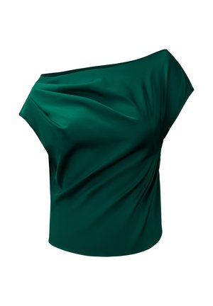 Green off-shoulder top made of smooth fabric, featuring draped design and soft texture with a structured silhouette.