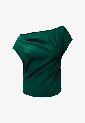 Green off-shoulder top made of smooth fabric, featuring draped design and soft texture with a structured silhouette.
