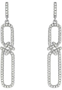 Orecchini pendenti in tonalità argento con forme rettangolari interconnesse, decorate con pietre trasparenti e scintillanti lungo i bordi.