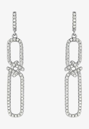 Silberfarbene Ohrhänger mit hängenden Elementen in ineinandergreifenden rechteckigen Formen, verziert mit klaren, funkelnden Steinen entlang der Kanten.