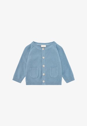 Cardigan bleu clair en tricot avec un col rond, une ouverture à boutons sur le devant et deux poches avant. Poignets et ourlet côtelés. Texture douce. Étiquette fixe à l'intérieur.