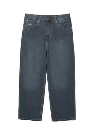 Temno modri jeans, široka nogavica, pet žepov, zadrga in gumb za zapiranje. Značilnosti šivani detajli in logotip blagovne znamke na pasu.