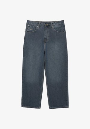 Dark blue denim jeans, wide-leg design, five pockets, zipper fly, and button closure. Features stitching details and brand logo on waistband.