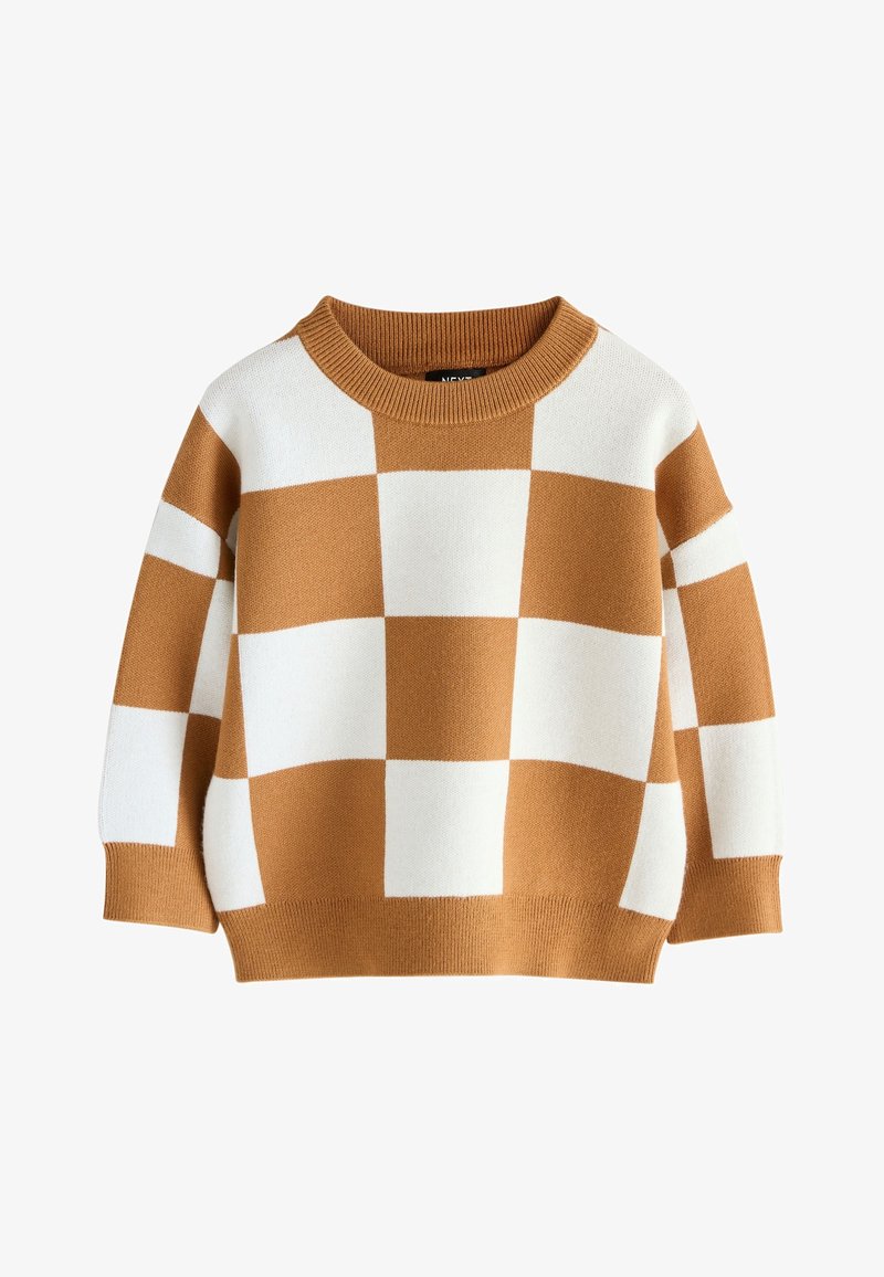 Pull en grosse maille avec un grand motif à carreaux marron et blanc, manches longues et col rond côtelé.