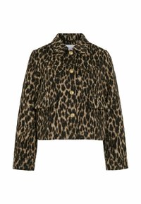 Giacca con stampa leopardata caratterizzata da un colletto, sei bottoni dorati e due tasche frontali. Realizzata in tessuto morbido con un design cropped.