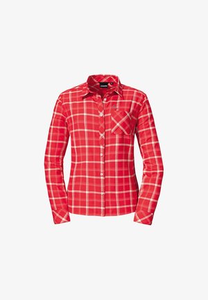 Camisa de cuadros roja de manga larga con cuello abotonado, que cuenta con un bolsillo frontal y acentos blancos en el patrón de cuadros. La textura de la tela parece suave.