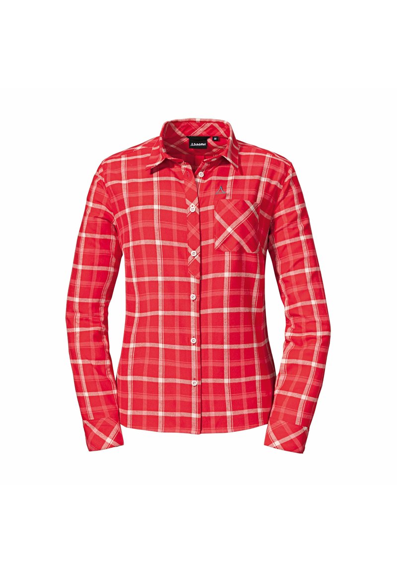 Camisa de cuadros roja de manga larga con cuello abotonado, que cuenta con un bolsillo frontal y acentos blancos en el patrón de cuadros. La textura de la tela parece suave.