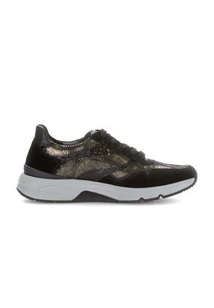 Black sneaker with textured metallic and suede surfaces, featuring a chunky white sole and black laces, designed with a sleek silhouette.