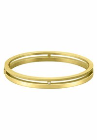 Pulsera de botín en tono dorado que presenta un diseño de doble banda con un acabado suave y un pequeño acento de diamante. Forma elegante y moderna.