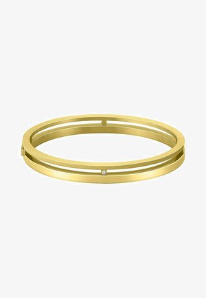Gouden armband met een dubbel bandontwerp, voorzien van een gladde afwerking en een kleine diamant accent. Strak en modern van vorm.