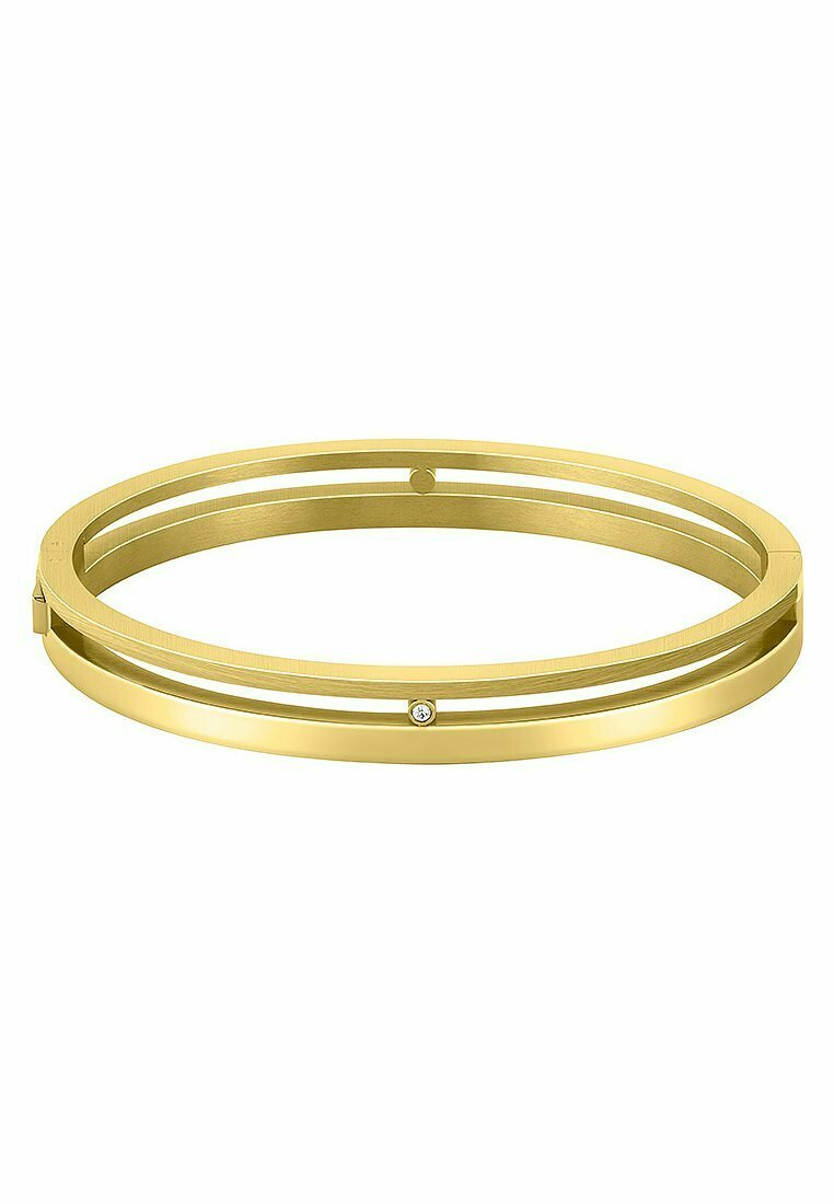 Pulsera de botín en tono dorado que presenta un diseño de doble banda con un acabado suave y un pequeño acento de diamante. Forma elegante y moderna.